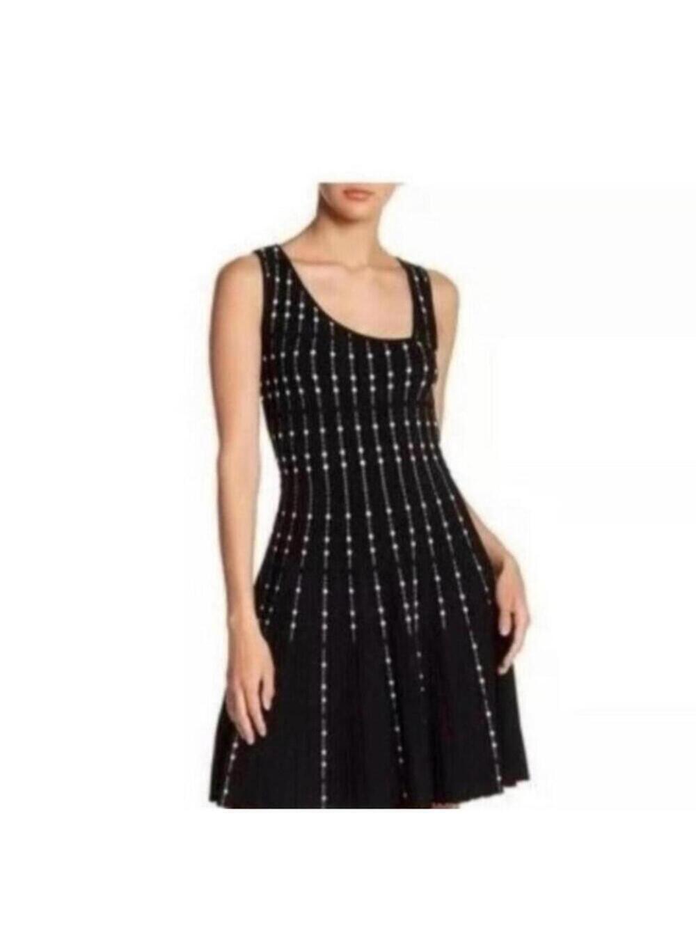 BCBGMAXAZRIA Black and White Bodycon Stretch Asymmetric Neck Dot Pattern dress